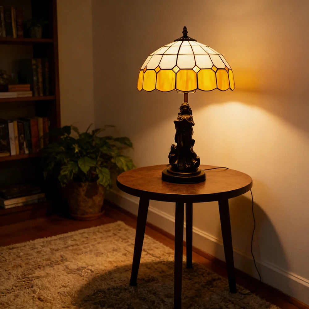 LIVARA European Vintage Stained Glass Table Lamp Sculpture Base Handcrafted Artistic Design Suitable for Bedroom Living Room Bedside - Orange
