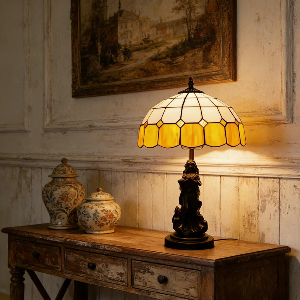 LIVARA European Vintage Stained Glass Table Lamp Sculpture Base Handcrafted Artistic Design Suitable for Bedroom Living Room Bedside - Orange