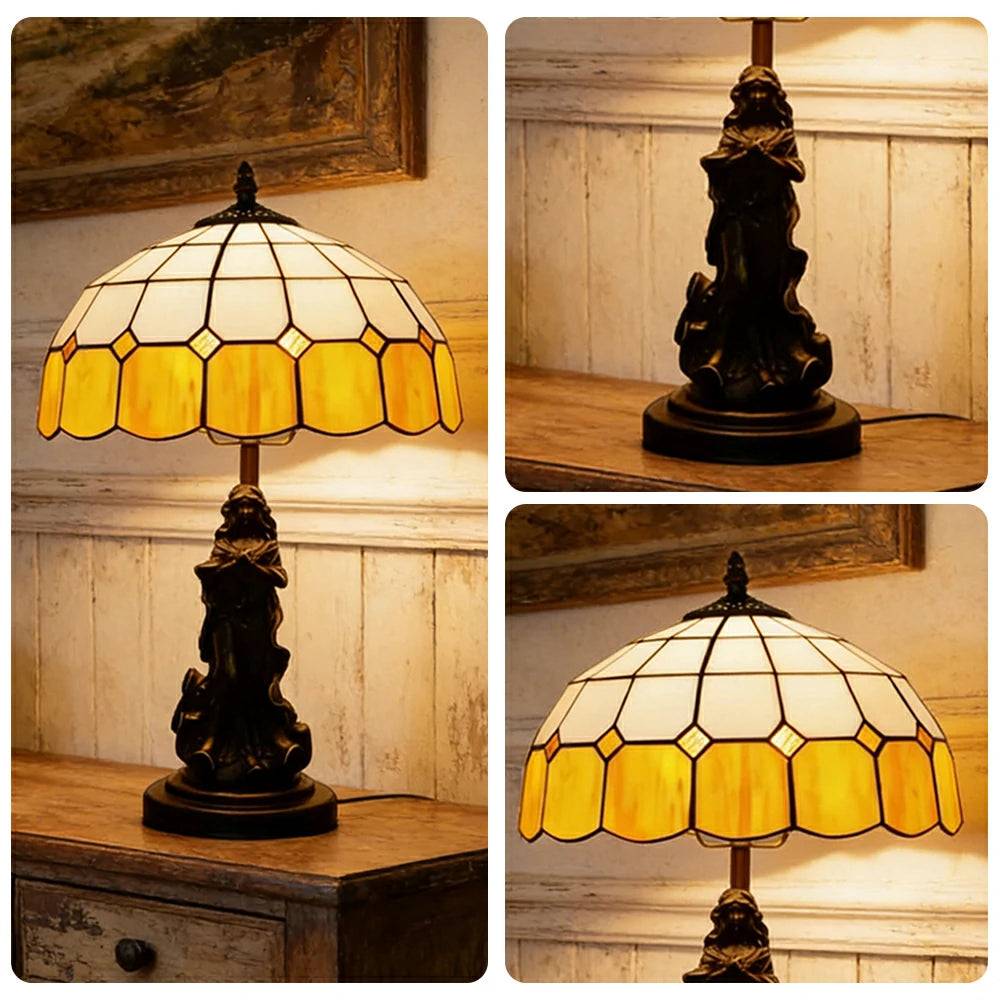 LIVARA European Vintage Stained Glass Table Lamp Sculpture Base Handcrafted Artistic Design Suitable for Bedroom Living Room Bedside - Orange