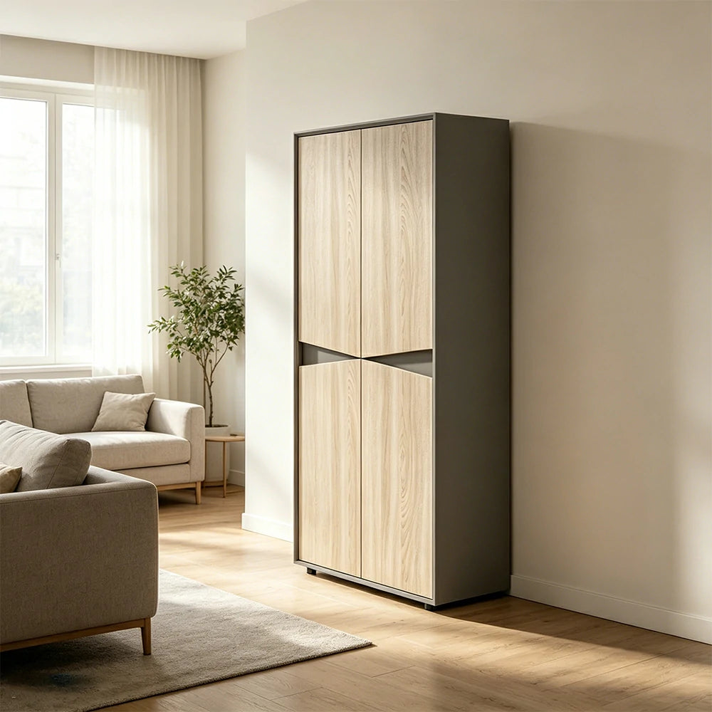 LIVARA 4 Door Tall Storage Cabinet Large File Cabinet for Office and Living Room - Oak Grey