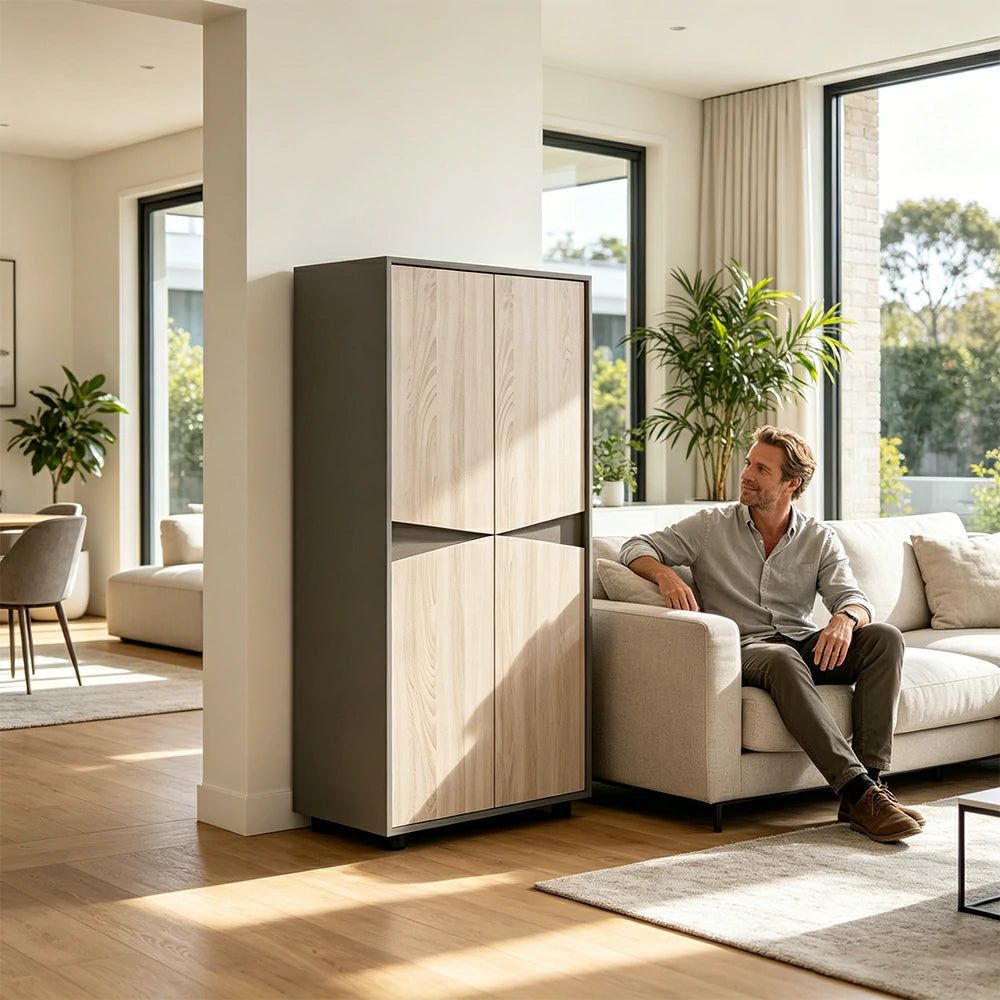 LIVARA 4 Door Tall Storage Cabinet Large File Cabinet for Office and Living Room - Oak Grey