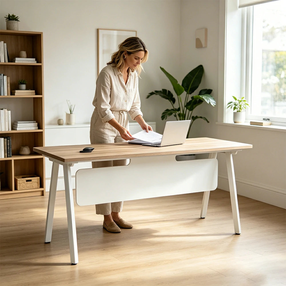 LIVARA 1.4m Office Desk - Cable Management & Power Outlet for Study / Home Office - Light Wood
