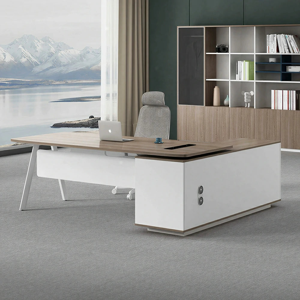 LIVARA 1.8m Office Desk - Side Cabinet Storage & Power Outlet for Office - Light Wood