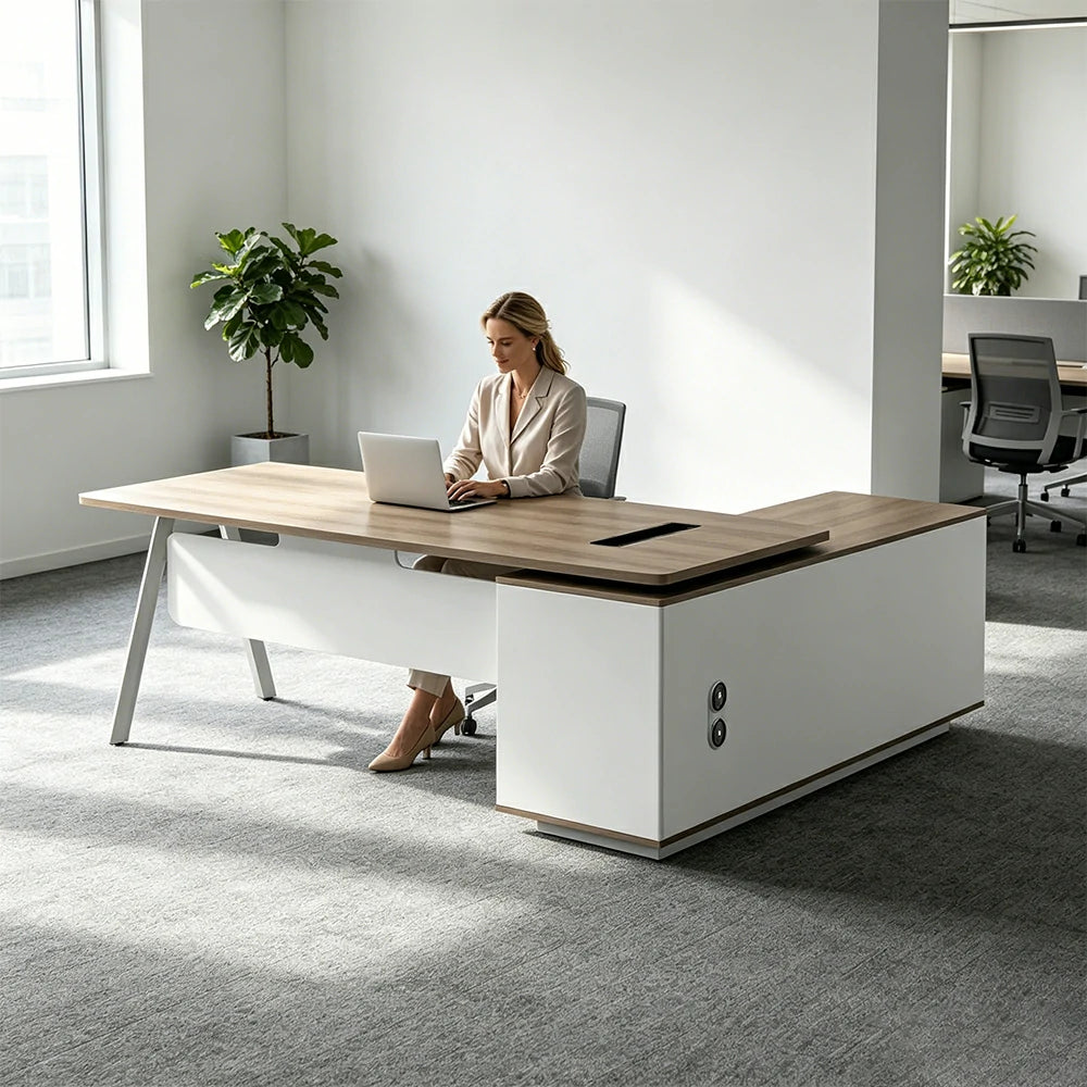 LIVARA 1.8m Office Desk - Side Cabinet Storage & Power Outlet for Office - Light Wood