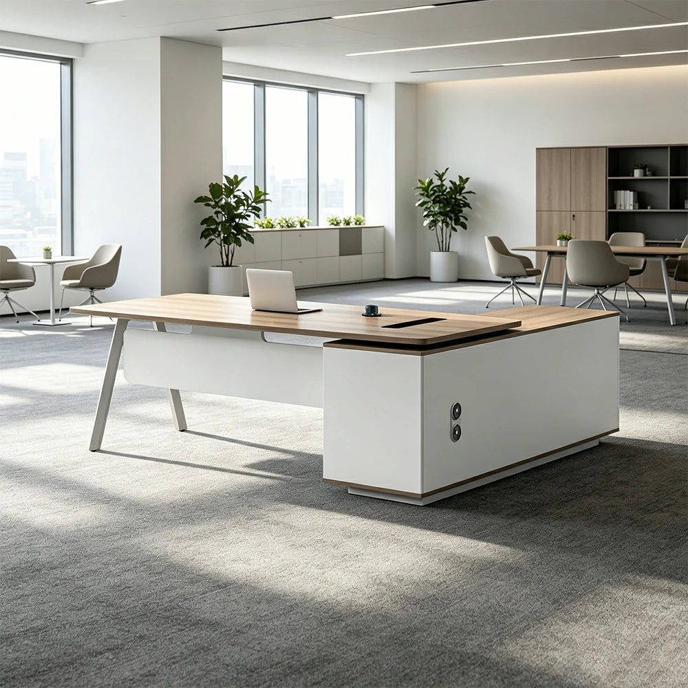 LIVARA 1.8m Office Desk - Side Cabinet Storage & Power Outlet for Office - Light Wood