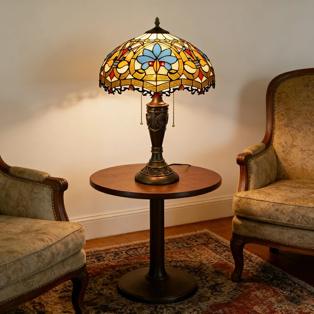 LIVARA Heart Bead Style Vintage Artistic Stained Glass Table Lamp Soft Ambient Lighting Metal Base Design Suitable for Bedroom Living Room Study Entryway