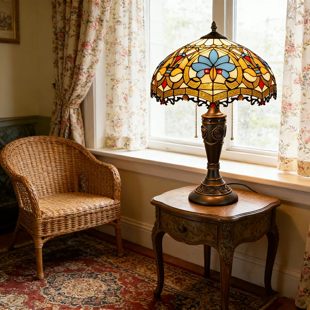 LIVARA Heart Bead Style Vintage Artistic Stained Glass Table Lamp Soft Ambient Lighting Metal Base Design Suitable for Bedroom Living Room Study Entryway