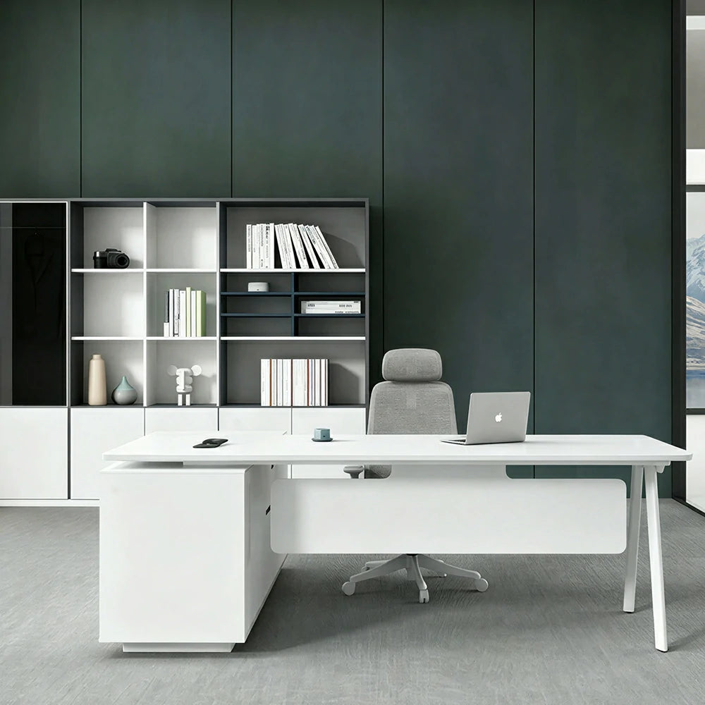 LIVARA 1.8m Executive Office Desk - Modern Manager Workstation with Side Cabinet - White