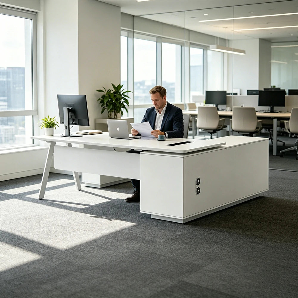 LIVARA 1.8m Executive Office Desk - Modern Manager Workstation with Side Cabinet - White
