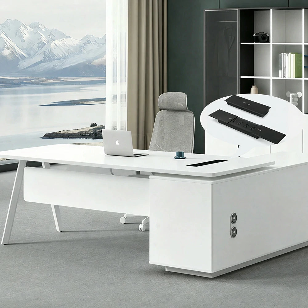LIVARA 1.8m Executive Office Desk - Modern Manager Workstation with Side Cabinet - White