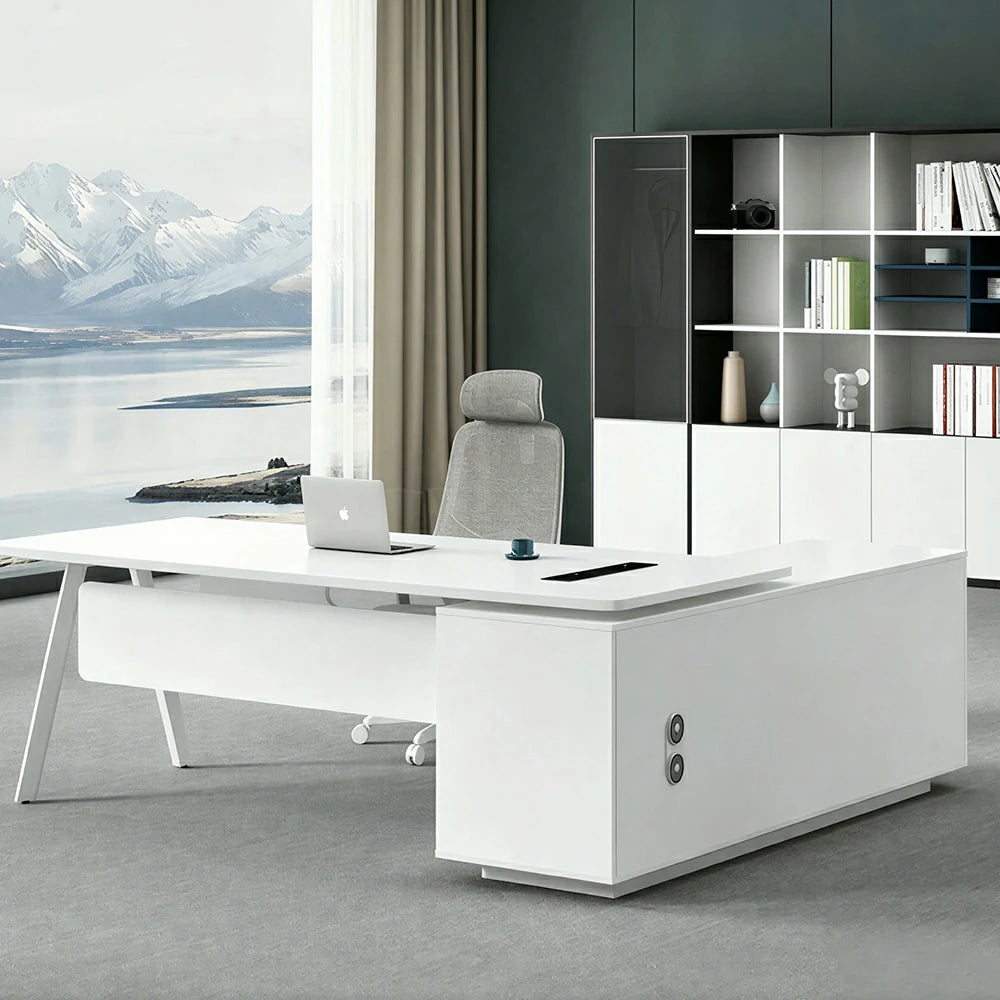 LIVARA 1.8m Executive Office Desk - Modern Manager Workstation with Side Cabinet - White