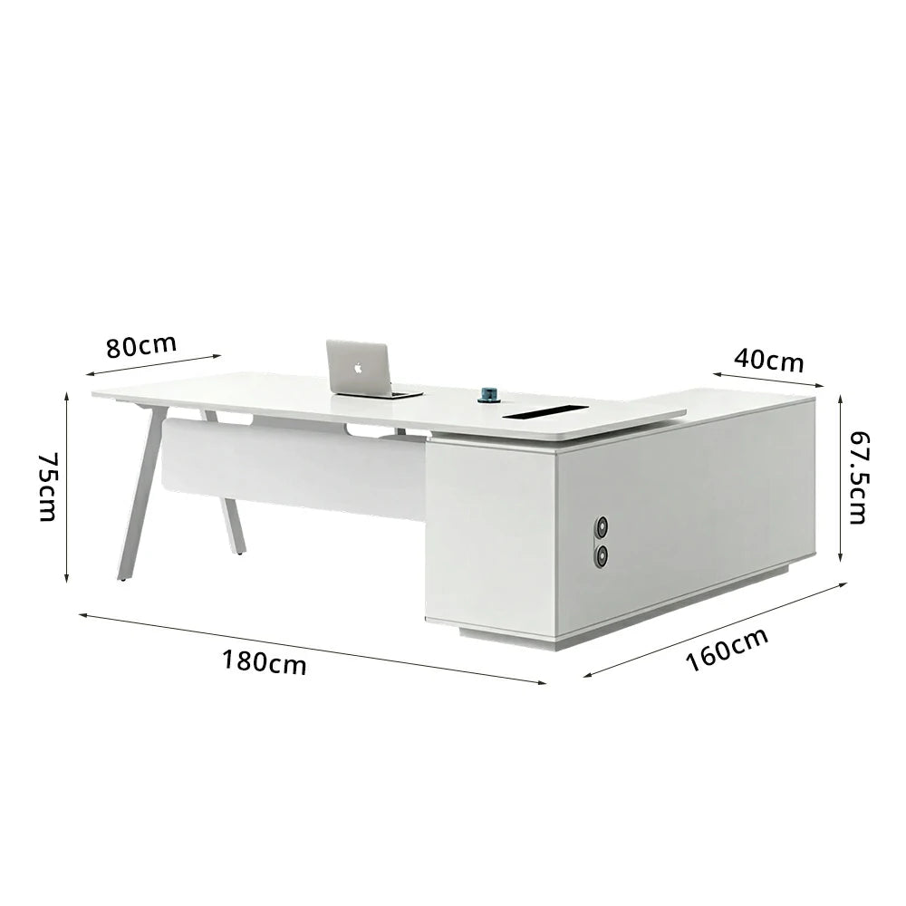 LIVARA 1.8m Executive Office Desk - Modern Manager Workstation with Side Cabinet - White