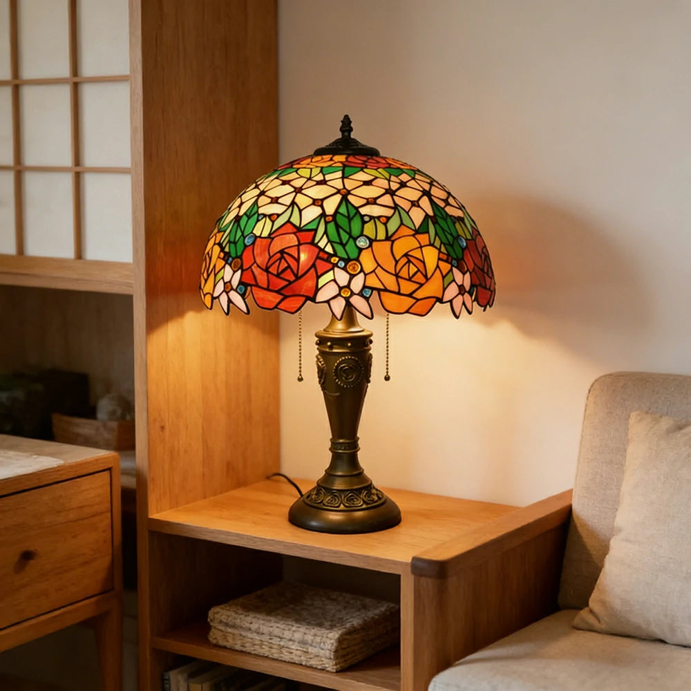 LIVARA Vibrant Rose Vintage Artistic Stained Glass Table Lamp Soft Ambient Lighting Metal Base Design Suitable for Bedroom Living Room Study Entryway