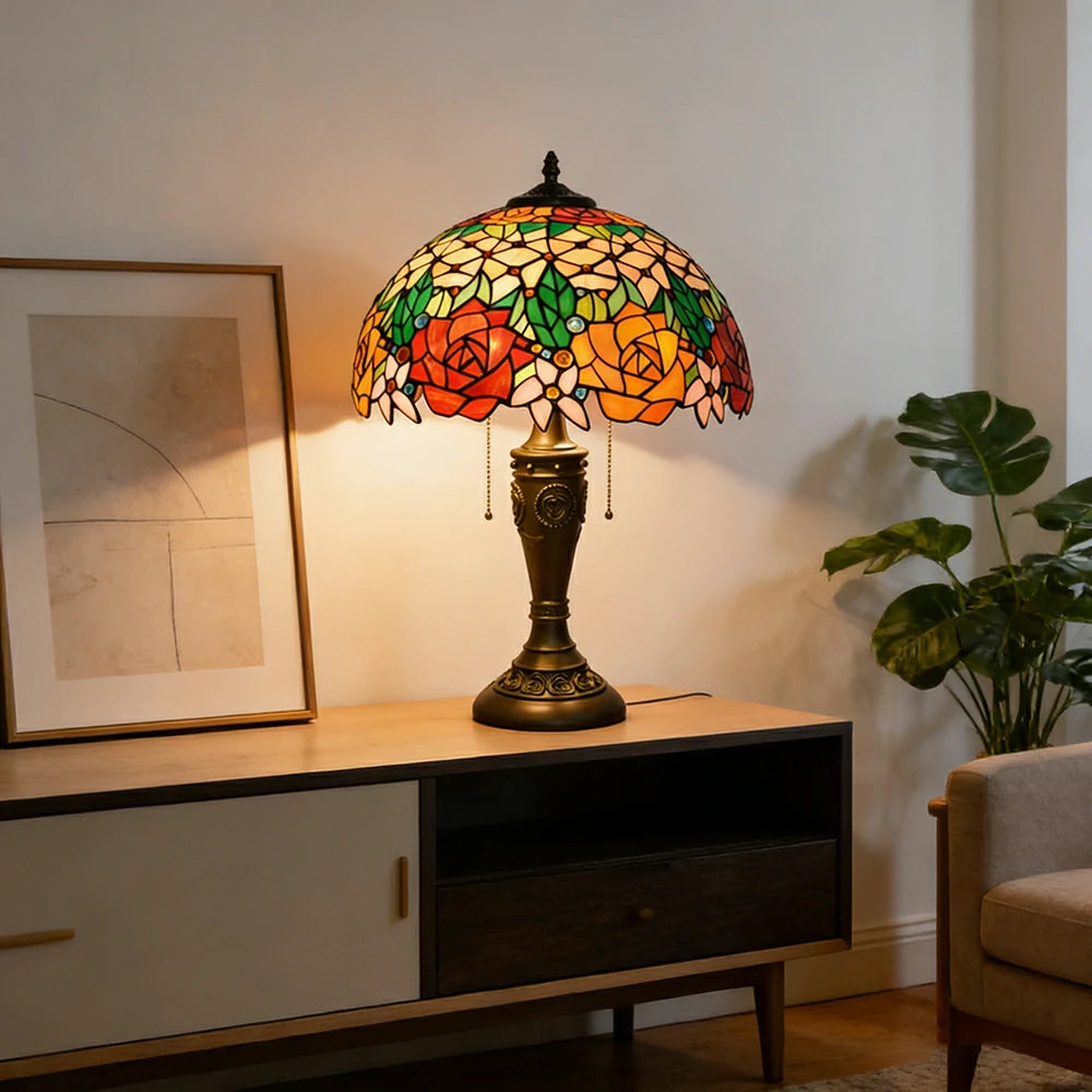 LIVARA Vibrant Rose Vintage Artistic Stained Glass Table Lamp Soft Ambient Lighting Metal Base Design Suitable for Bedroom Living Room Study Entryway