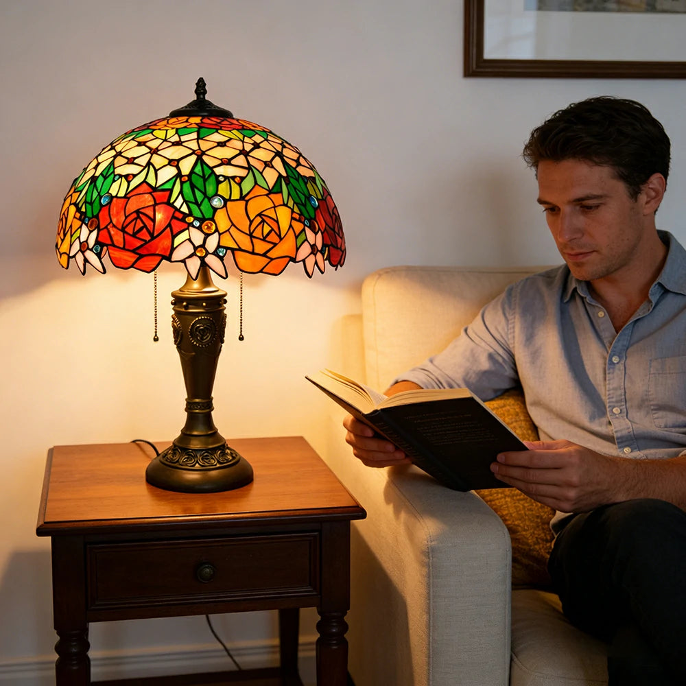 LIVARA Vibrant Rose Vintage Artistic Stained Glass Table Lamp Soft Ambient Lighting Metal Base Design Suitable for Bedroom Living Room Study Entryway