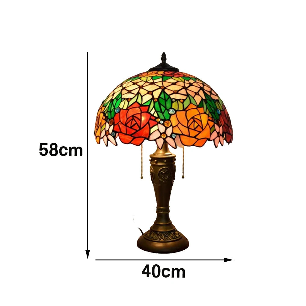 LIVARA Vibrant Rose Vintage Artistic Stained Glass Table Lamp Soft Ambient Lighting Metal Base Design Suitable for Bedroom Living Room Study Entryway
