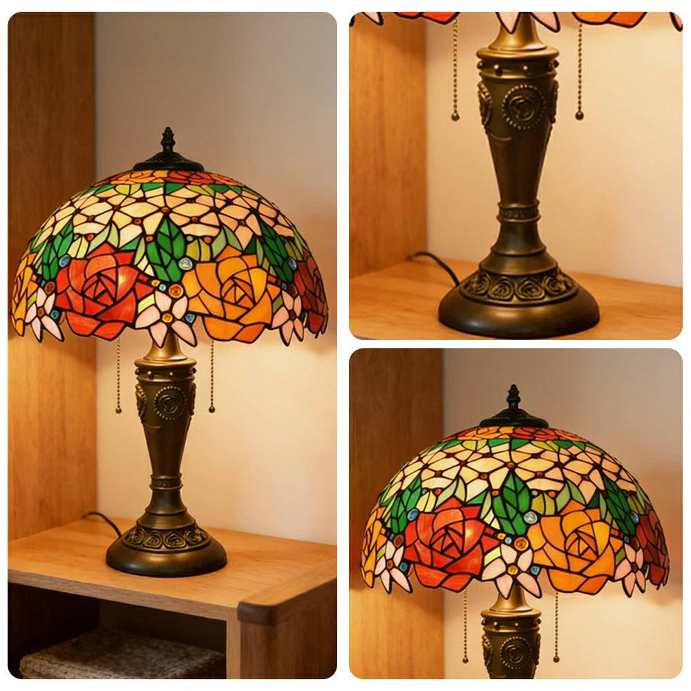 LIVARA Vibrant Rose Vintage Artistic Stained Glass Table Lamp Soft Ambient Lighting Metal Base Design Suitable for Bedroom Living Room Study Entryway