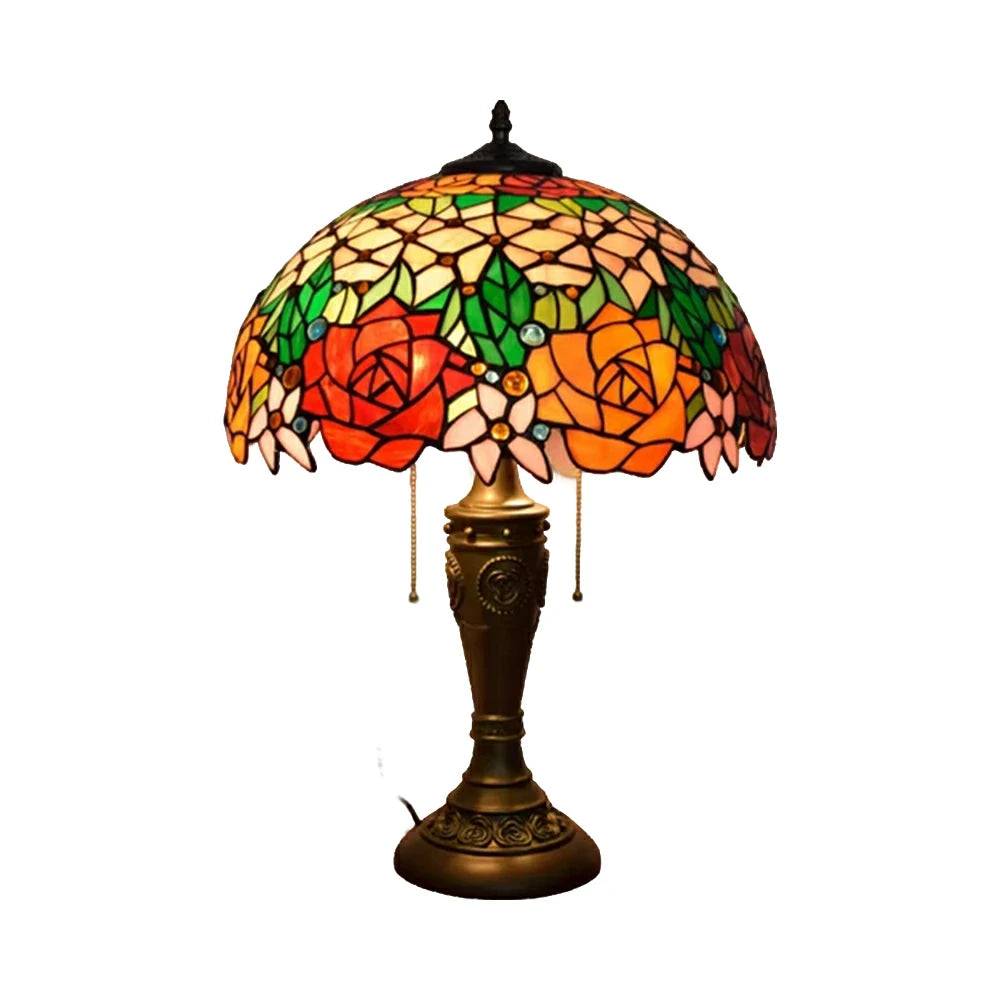 LIVARA Vibrant Rose Vintage Artistic Stained Glass Table Lamp Soft Ambient Lighting Metal Base Design Suitable for Bedroom Living Room Study Entryway