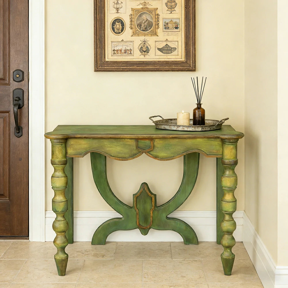 LIVARA Vintage Console Table - Carved Distressed Design - Solid Wood Construction - Multi-Use Entryway Desk Vanity Table