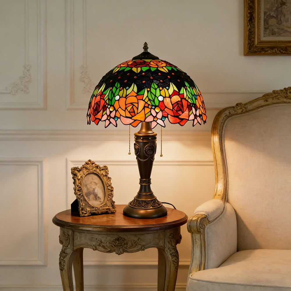 LIVARA Black Rose Vintage Artistic Stained Glass Table Lamp Soft Ambient Lighting Metal Base Design Suitable for Bedroom Living Room Study Entryway