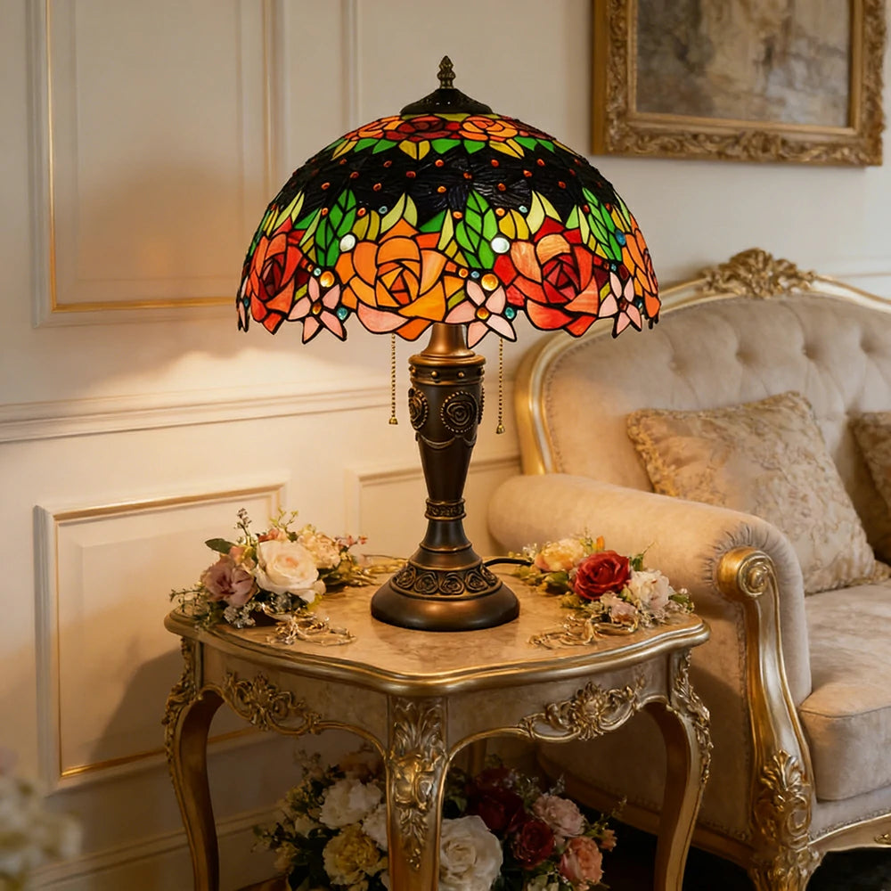 LIVARA Black Rose Vintage Artistic Stained Glass Table Lamp Soft Ambient Lighting Metal Base Design Suitable for Bedroom Living Room Study Entryway