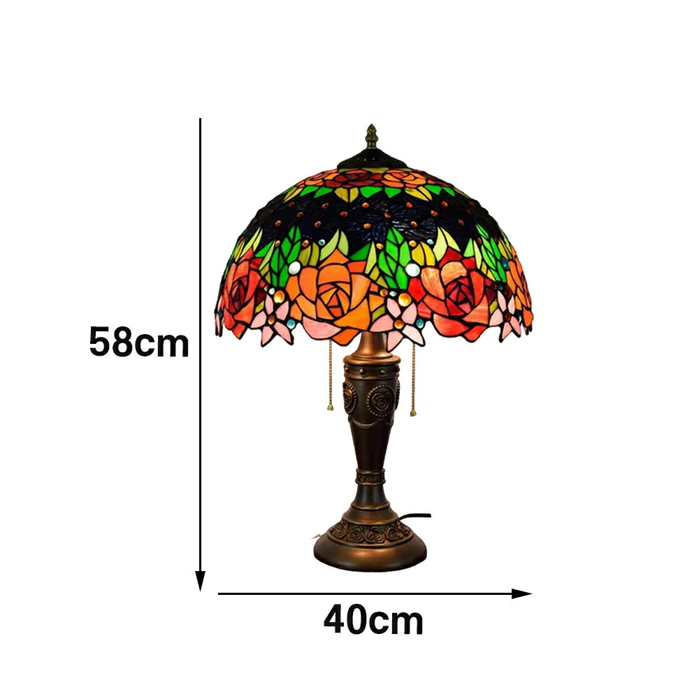 LIVARA Black Rose Vintage Artistic Stained Glass Table Lamp Soft Ambient Lighting Metal Base Design Suitable for Bedroom Living Room Study Entryway