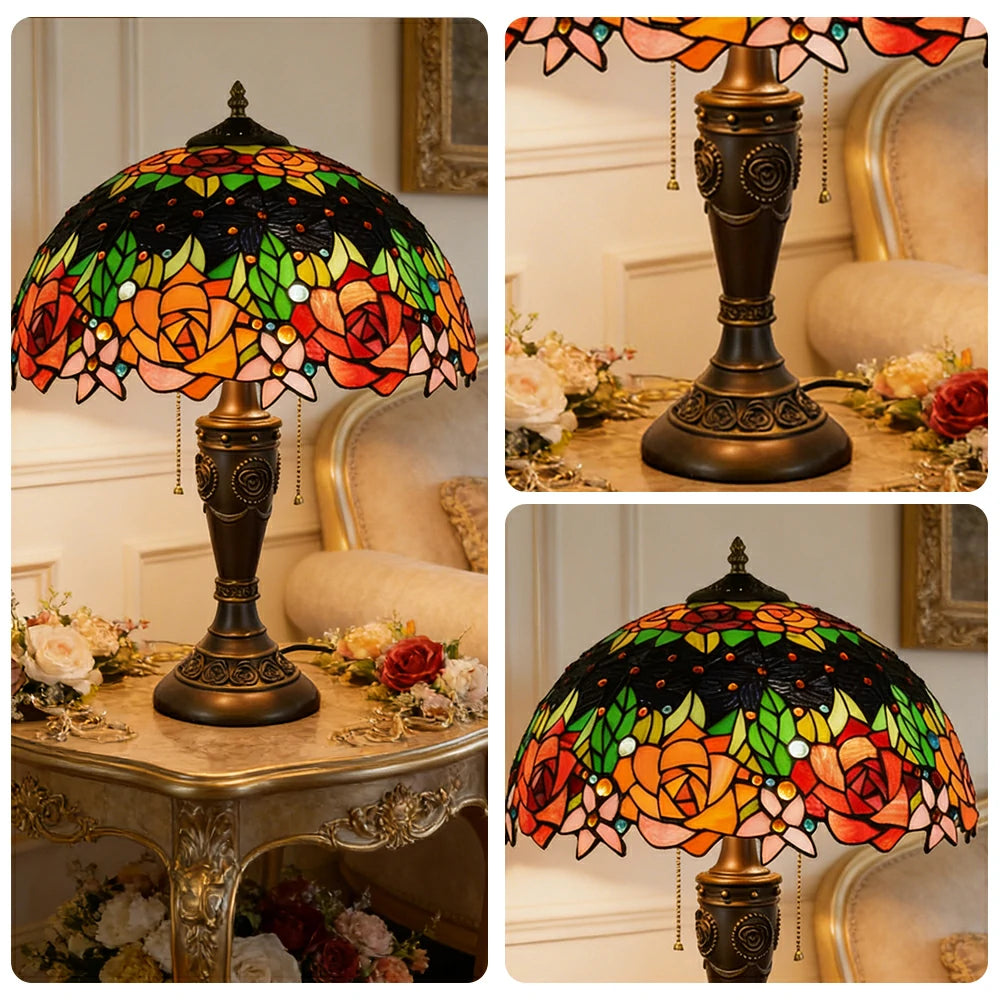 LIVARA Black Rose Vintage Artistic Stained Glass Table Lamp Soft Ambient Lighting Metal Base Design Suitable for Bedroom Living Room Study Entryway