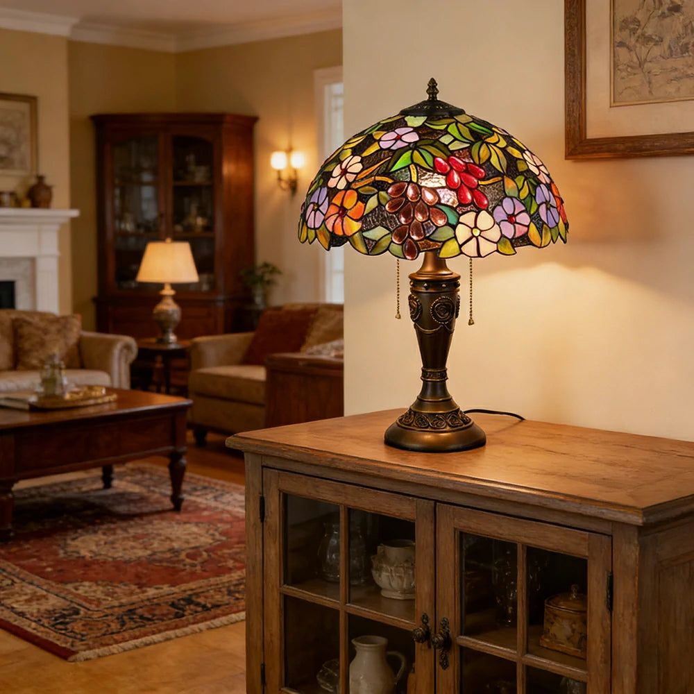 LIVARA Grape Floral Vintage Artistic Stained Glass Table Lamp Soft Ambient Lighting Metal Base Design Suitable for Bedroom Living Room Study Entryway