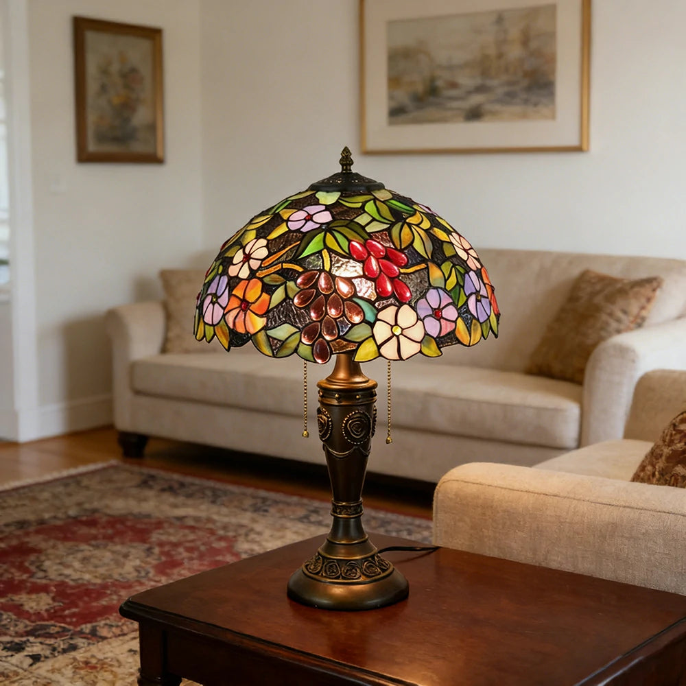 LIVARA Grape Floral Vintage Artistic Stained Glass Table Lamp Soft Ambient Lighting Metal Base Design Suitable for Bedroom Living Room Study Entryway