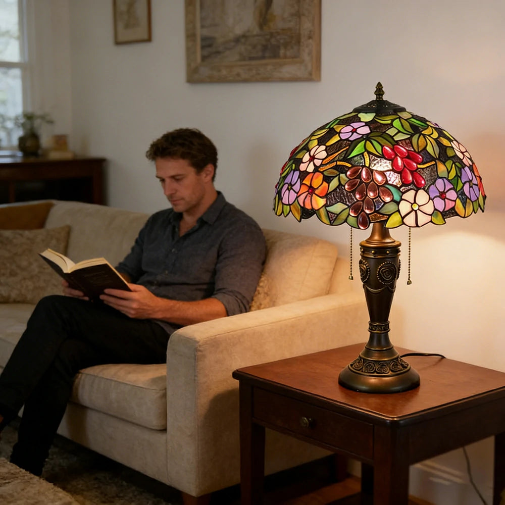 LIVARA Grape Floral Vintage Artistic Stained Glass Table Lamp Soft Ambient Lighting Metal Base Design Suitable for Bedroom Living Room Study Entryway