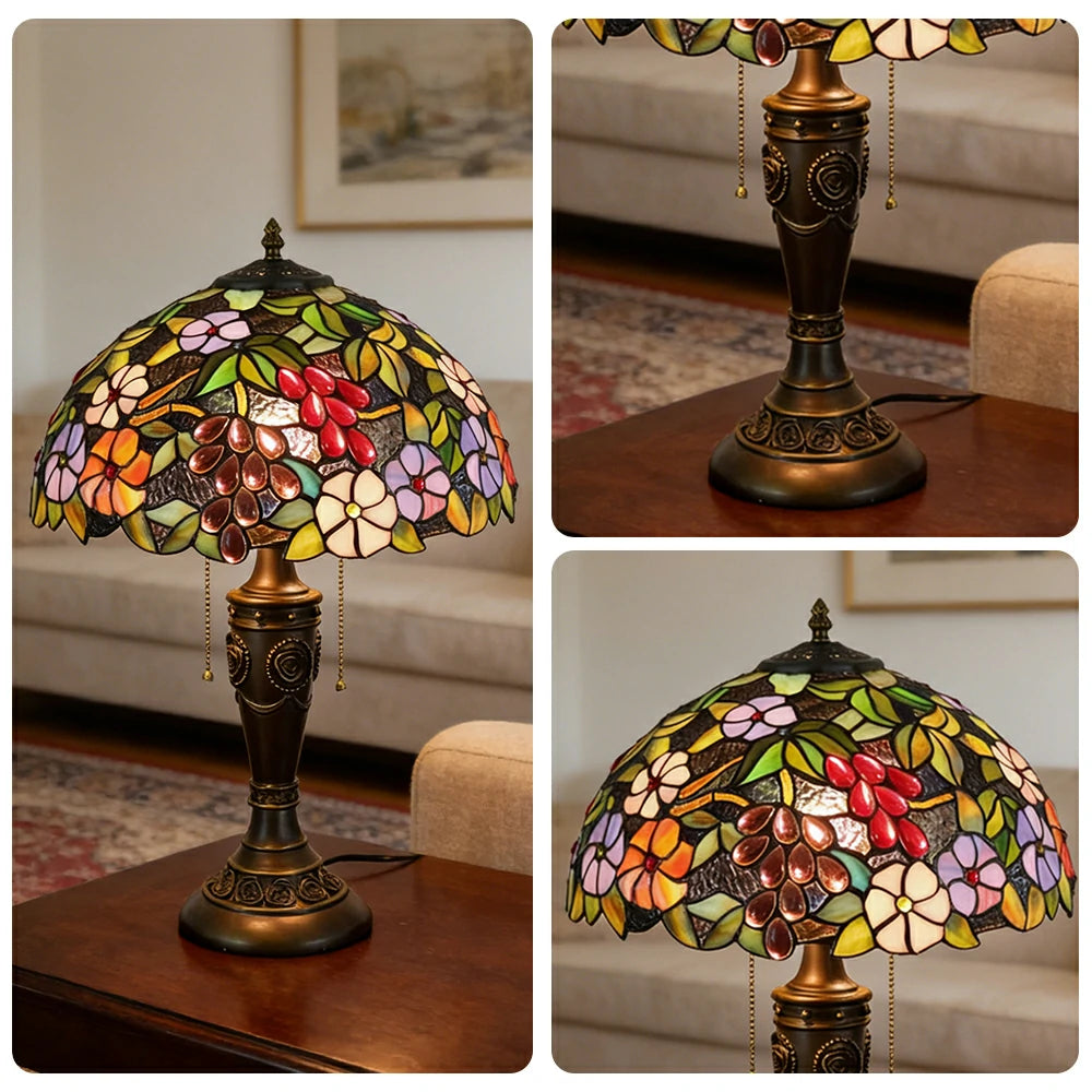 LIVARA Grape Floral Vintage Artistic Stained Glass Table Lamp Soft Ambient Lighting Metal Base Design Suitable for Bedroom Living Room Study Entryway