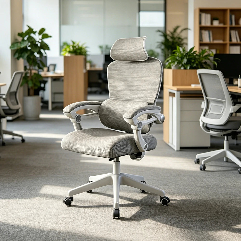 LIVARA White Frame Ergonomic Office Chair Grey Fabric Executive Mesh Desk Chair Modern Adjustable Swivel Office Seating No Footrest - Grey