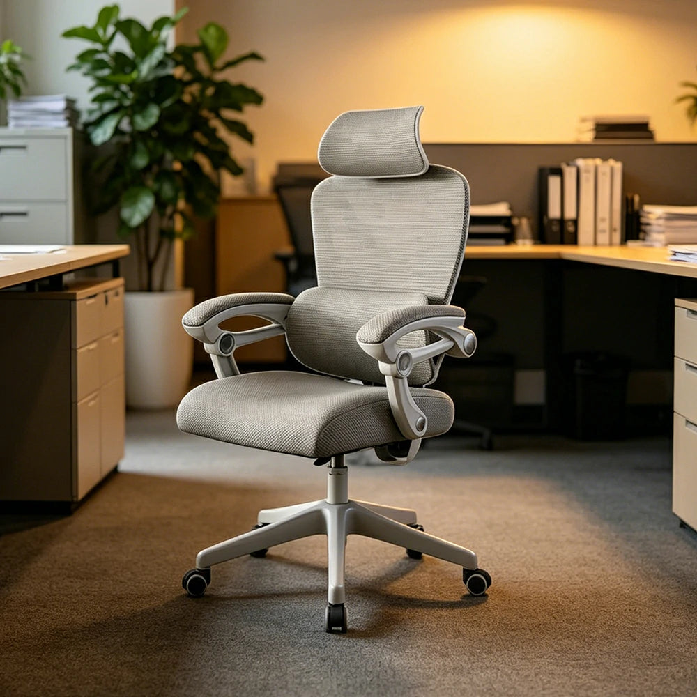 LIVARA White Frame Ergonomic Office Chair Grey Fabric Executive Mesh Desk Chair Modern Adjustable Swivel Office Seating No Footrest - Grey