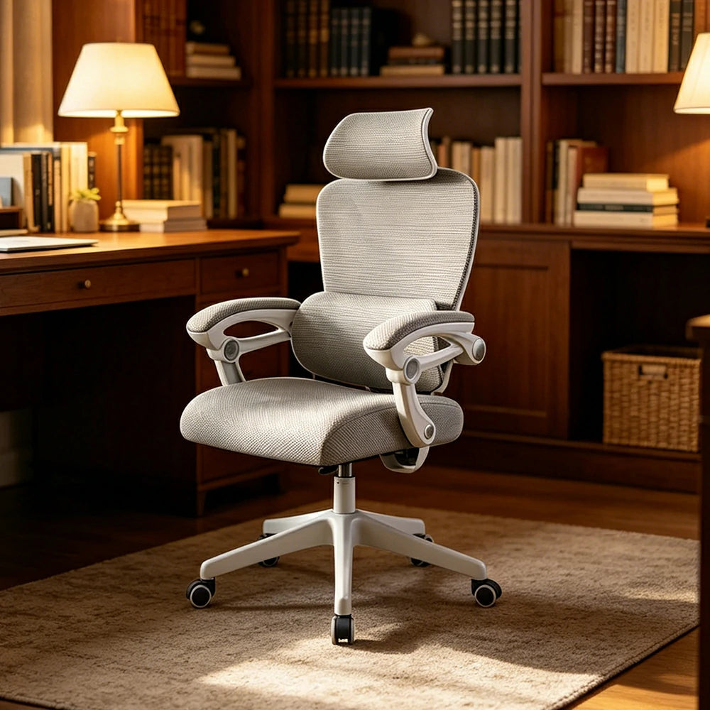LIVARA White Frame Ergonomic Office Chair Grey Fabric Executive Mesh Desk Chair Modern Adjustable Swivel Office Seating No Footrest - Grey