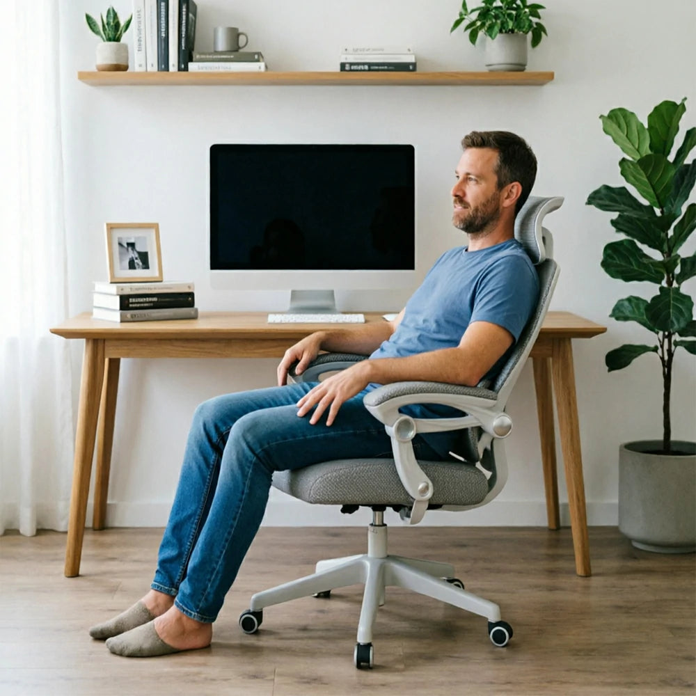 LIVARA White Frame Ergonomic Office Chair Grey Fabric Executive Mesh Desk Chair Modern Adjustable Swivel Office Seating No Footrest - Grey