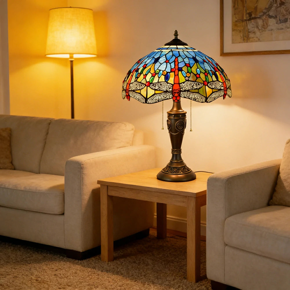 LIVARA Blue Dragonfly Vintage Artistic Stained Glass Table Lamp Soft Ambient Lighting Metal Base Design Suitable for Bedroom Living Room Study Entryway