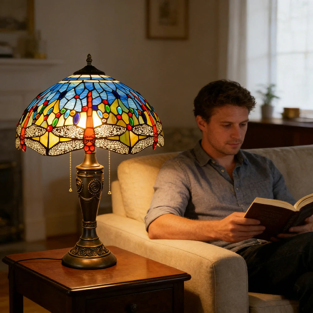 LIVARA Blue Dragonfly Vintage Artistic Stained Glass Table Lamp Soft Ambient Lighting Metal Base Design Suitable for Bedroom Living Room Study Entryway