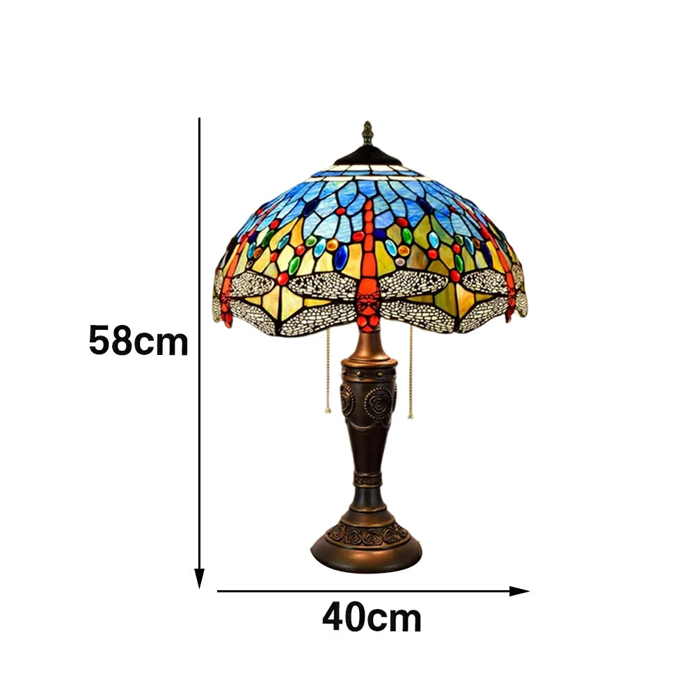 LIVARA Blue Dragonfly Vintage Artistic Stained Glass Table Lamp Soft Ambient Lighting Metal Base Design Suitable for Bedroom Living Room Study Entryway