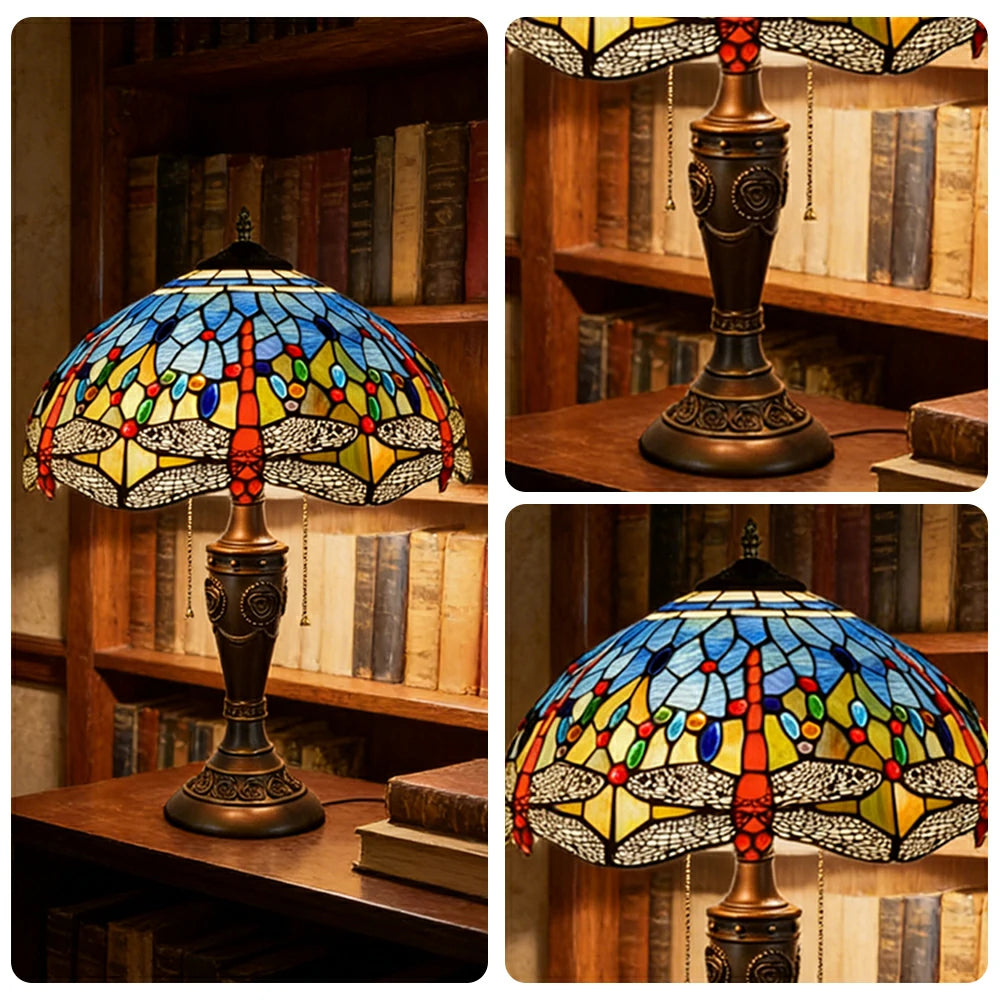 LIVARA Blue Dragonfly Vintage Artistic Stained Glass Table Lamp Soft Ambient Lighting Metal Base Design Suitable for Bedroom Living Room Study Entryway