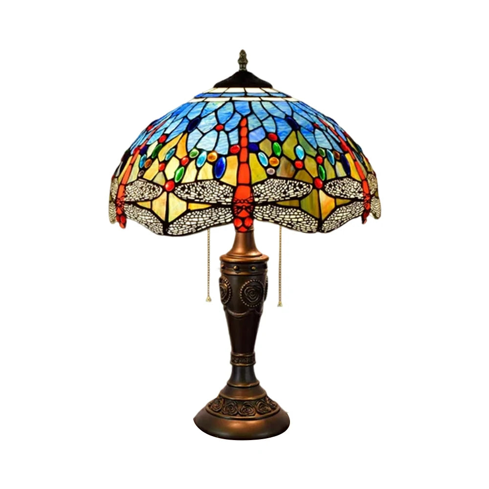 LIVARA Blue Dragonfly Vintage Artistic Stained Glass Table Lamp Soft Ambient Lighting Metal Base Design Suitable for Bedroom Living Room Study Entryway