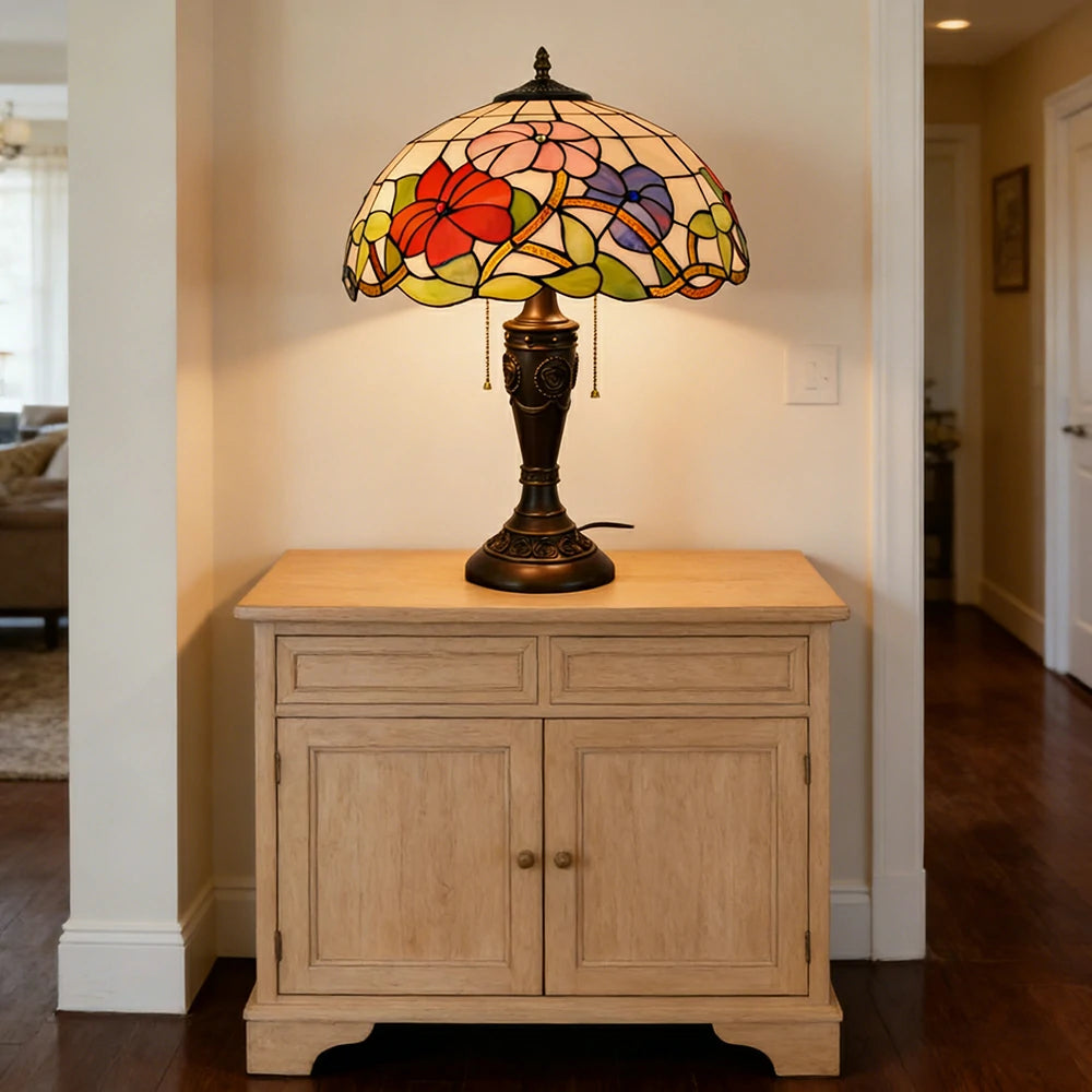 LIVARA Morning Glory Vintage Artistic Stained Glass Table Lamp Soft Ambient Lighting Metal Base Design Suitable for Bedroom Living Room Study Entryway