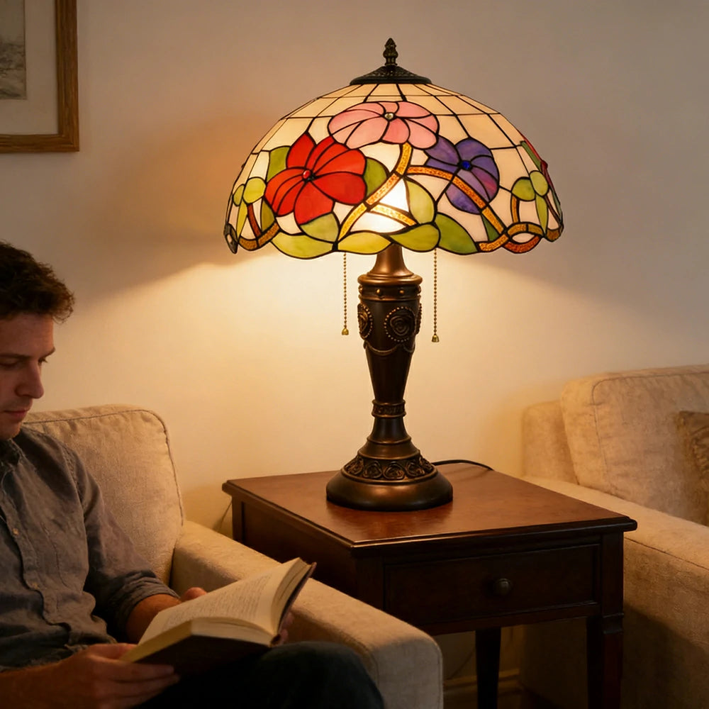 LIVARA Morning Glory Vintage Artistic Stained Glass Table Lamp Soft Ambient Lighting Metal Base Design Suitable for Bedroom Living Room Study Entryway