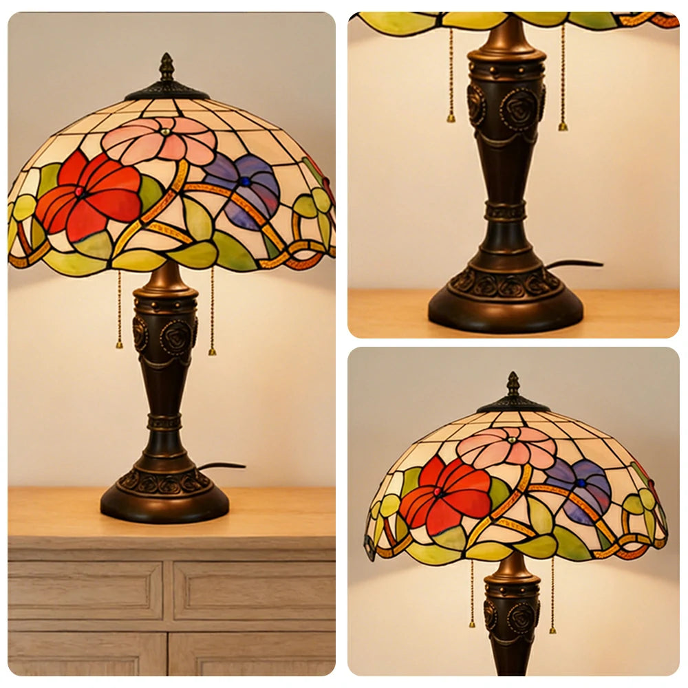 LIVARA Morning Glory Vintage Artistic Stained Glass Table Lamp Soft Ambient Lighting Metal Base Design Suitable for Bedroom Living Room Study Entryway
