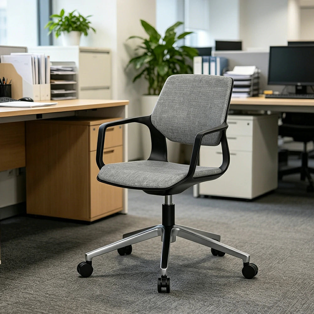 LIVARA Ergonomic Guest Chair Upholstered Armchair Swivel Desk Chair with Wheels for Office Study Room - Grey & Black