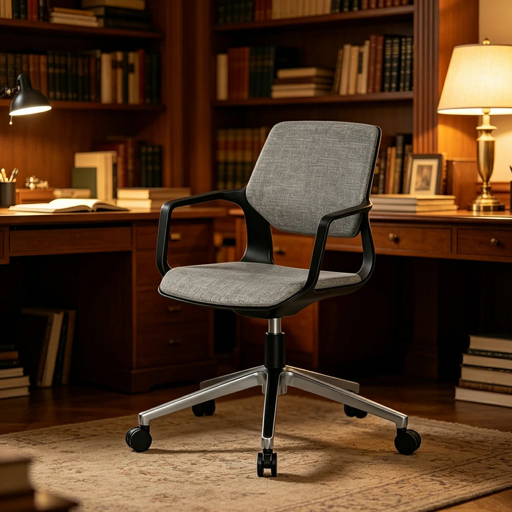 LIVARA Ergonomic Guest Chair Upholstered Armchair Swivel Desk Chair with Wheels for Office Study Room - Grey & Black