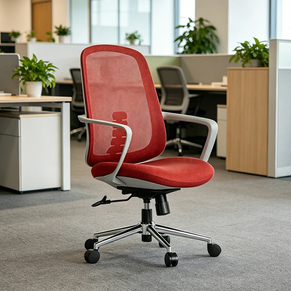 LIVARA Ergonomic Office Chair Breathable Mesh Back Adjustable Reclining Chair with Chrome Base for Home Office - Red