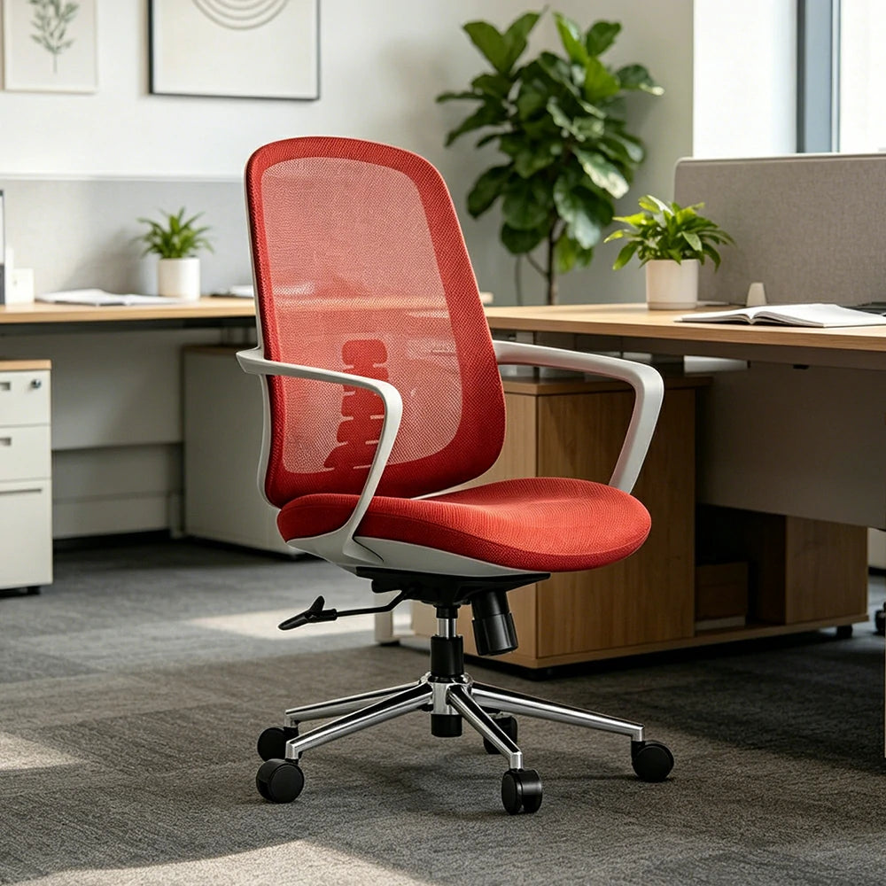 LIVARA Ergonomic Office Chair Breathable Mesh Back Adjustable Reclining Chair with Chrome Base for Home Office - Red