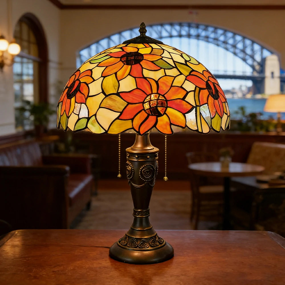 LIVARA Sunflower Style Vintage Artistic Stained Glass Table Lamp Soft Ambient Lighting Metal Base Design Suitable for Bedroom Living Room Study Entryway