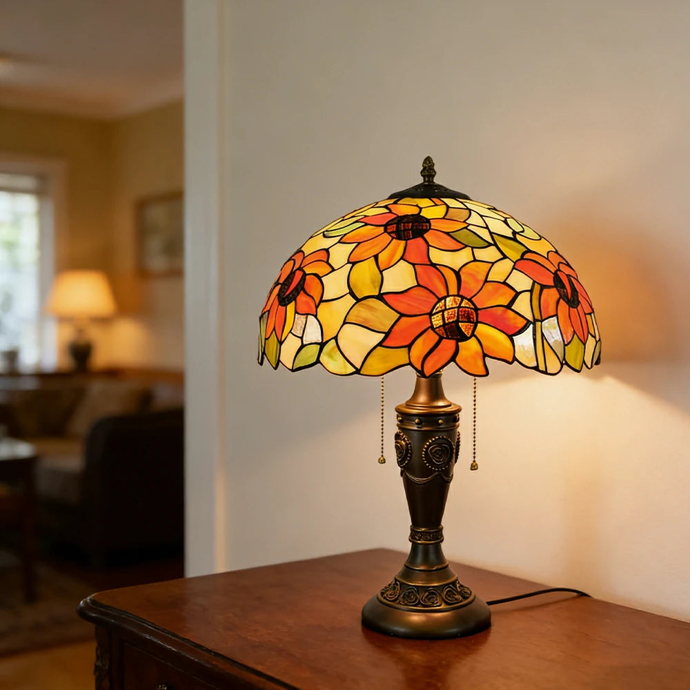 LIVARA Sunflower Style Vintage Artistic Stained Glass Table Lamp Soft Ambient Lighting Metal Base Design Suitable for Bedroom Living Room Study Entryway