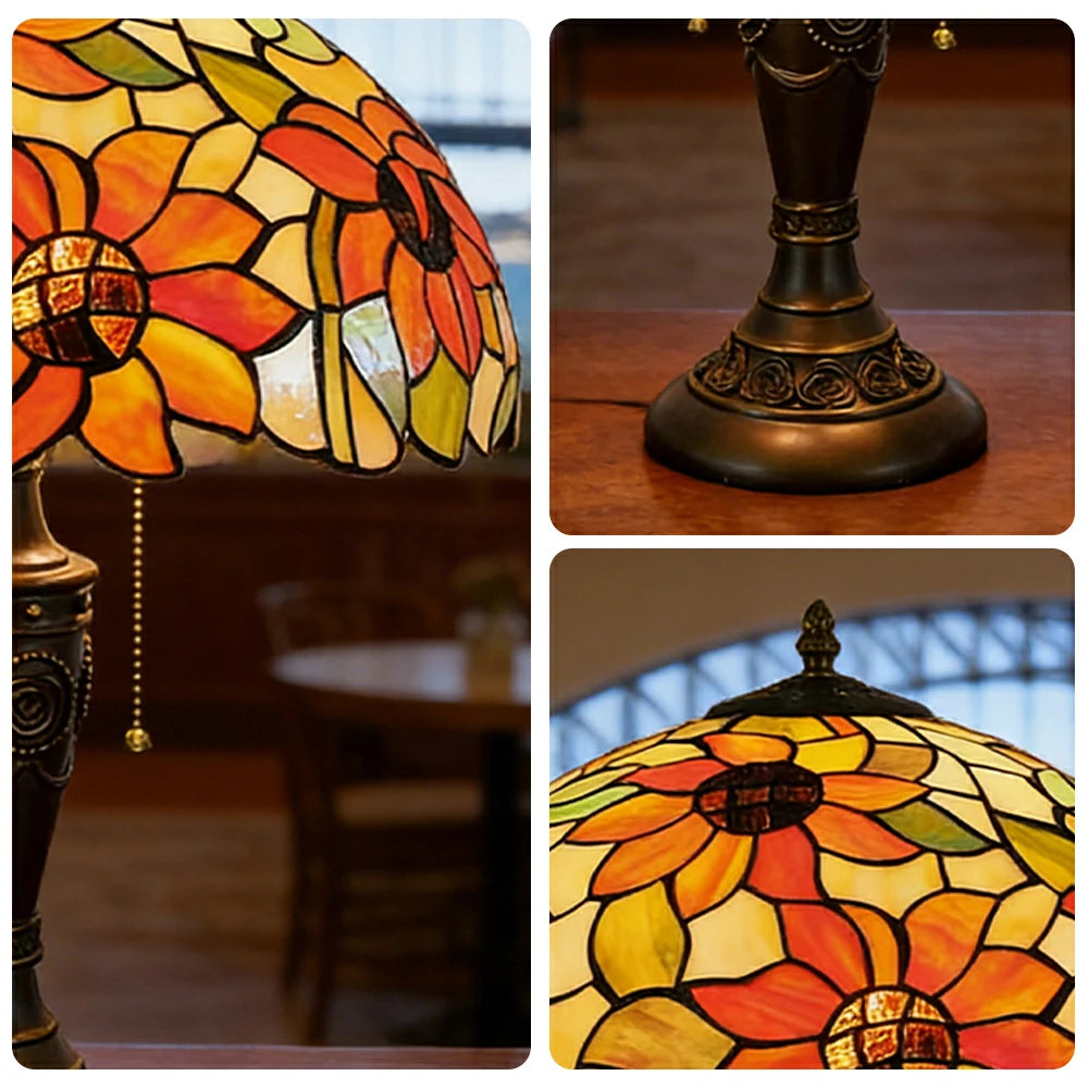 LIVARA Sunflower Style Vintage Artistic Stained Glass Table Lamp Soft Ambient Lighting Metal Base Design Suitable for Bedroom Living Room Study Entryway